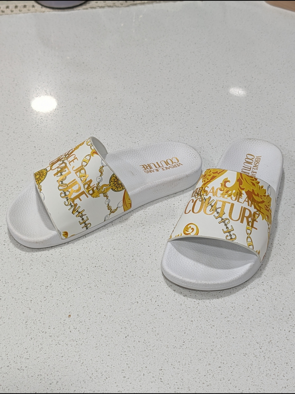 Versace Jeans Couture Collection White & Gold Logo Slide Sandals